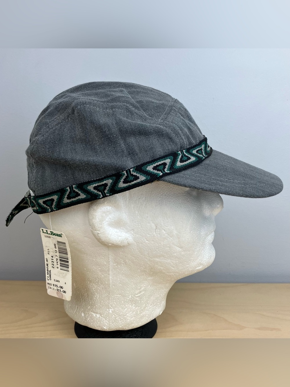 Vintage L.L. Bean 5 Panel Adventure Strapback Hat Script Logo Gray Aztec NOS.
